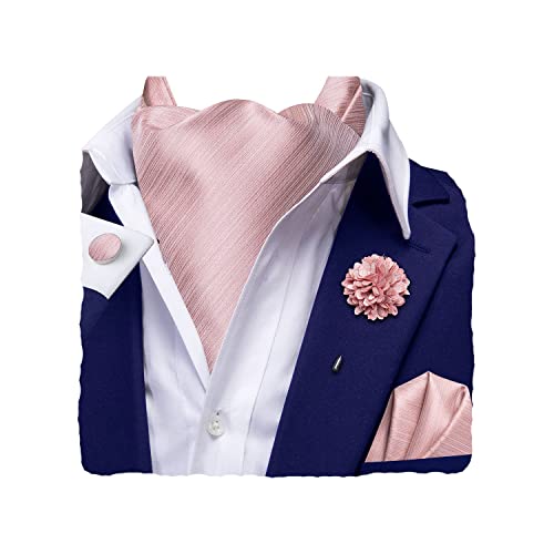 Hi-Tie Herren-Anstecknadel-Set, Krawatte und Blume, Jacquard-Seide, Ascot-Taschentuch, Manschettenknöpfe für Hochzeit, Party, Alltag, Pink Solid, Medium von Hi-Tie