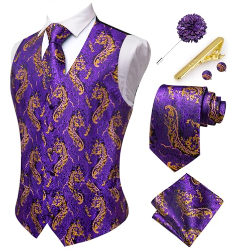 Hi-Tie Herren-Seiden-Anzugweste, formelle Herrenweste, Paisleymuster, Jacquard, Krawatte, Einstecktuch, Set für Hochzeit, Smoking, Violett und Gold, X-Large von Hi-Tie