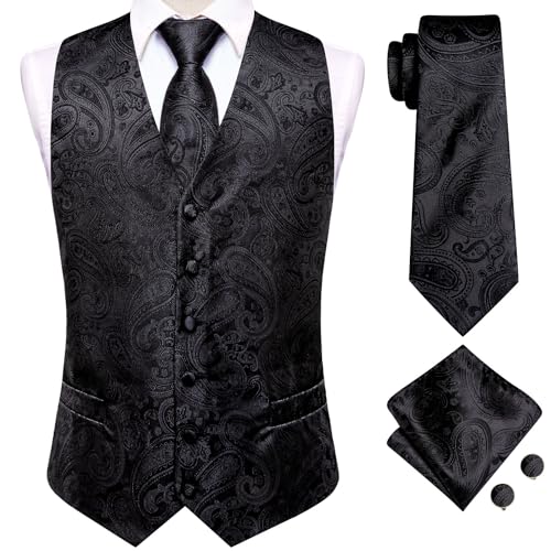 Hi-Tie Herren Anzug Weste Krawatte Set Klassische Weste und Krawatte Taschentuch Manschettenknöpfe Anzug Hochzeit Party, Grau Schwarz Paisley, Medium von Hi-Tie