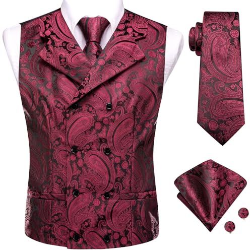 Hi-Tie Herren Anzug Weste Krawatte Set Klassische Weste und Krawatte Taschentuch Manschettenknöpfe Anzug Hochzeit Party, Rot Schwarz Paisley Blume, XXX-Large von Hi-Tie