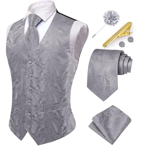 Hi-Tie Herren-Anzugweste und Krawatte, V-Ausschnitt, Seide, Paisleymuster, formelle Weste, Krawatte, Einstecktuch, Set für Hochzeit, A Grey, XX-Large von Hi-Tie