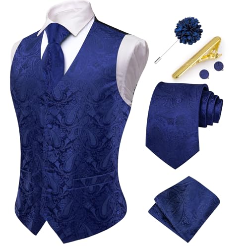 Hi-Tie Herren Anzug Weste und Krawatte Set formelle Weste V-Ausschnitt Paisley Weste und Krawatte Einstecktuch Manschettenknöpfe Set für Hochzeit, B Königsblau, Medium von Hi-Tie