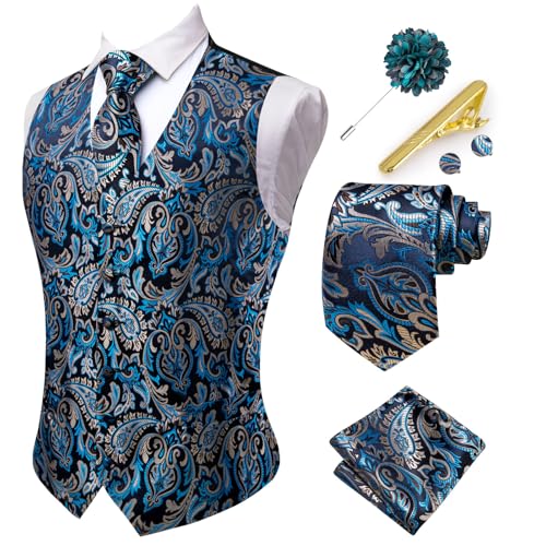 Hi-Tie Herren Anzug Weste und Krawatte Set formelle Weste V-Ausschnitt Paisley Weste und Krawatte Einstecktuch Manschettenknöpfe Set für Hochzeit, Blau, Small von Hi-Tie