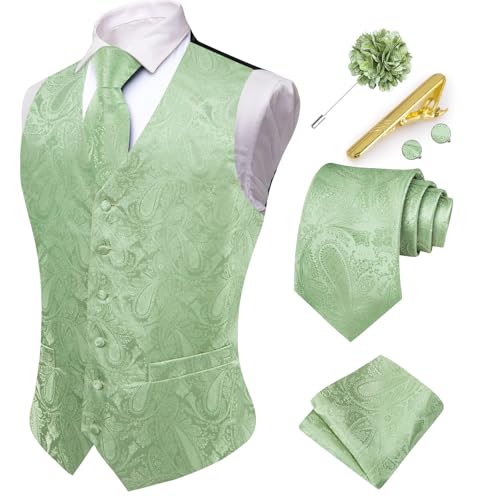 Hi-Tie Herren Anzug Weste und Krawatte Set formelle Weste V-Ausschnitt Paisley Weste und Krawatte Einstecktuch Manschettenknöpfe Set für Hochzeit, Hellgrün, XX-Large von Hi-Tie