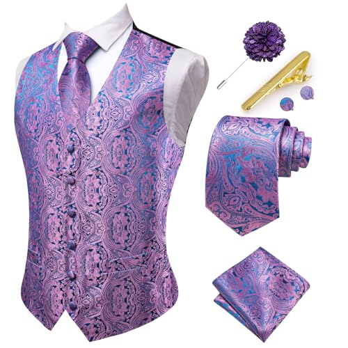 Hi-Tie Herren-Seiden-Anzugweste, formelle Herrenweste, Paisleymuster, Jacquard, Krawatte, Einstecktuch, Set für Hochzeit, Smoking, Lavendel, Large von Hi-Tie