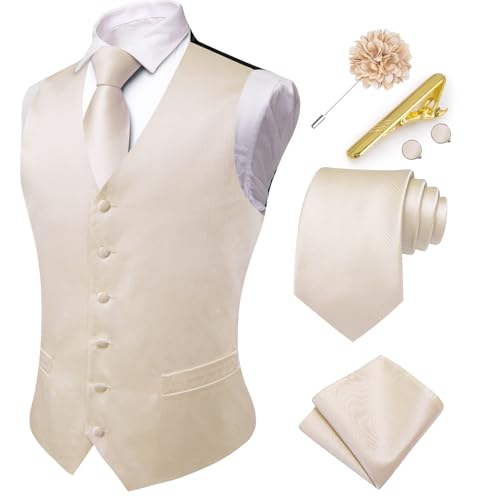 Hi-Tie Herren Anzugweste Seidenweste und Krawatte Set Paisley Weste Krawatte Einstecktuch Set für Hochzeit Smoking, Beige, Medium von Hi-Tie