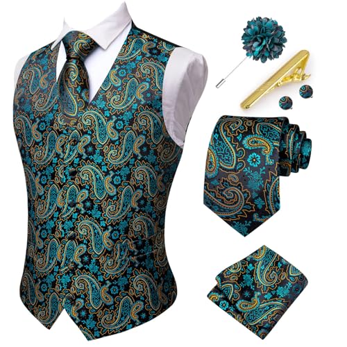 Hi-Tie Herren Anzugweste Seidenweste und Krawatte Set Paisley Weste Krawatte Einstecktuch Set für Hochzeit Smoking, Blaugrün, Medium von Hi-Tie