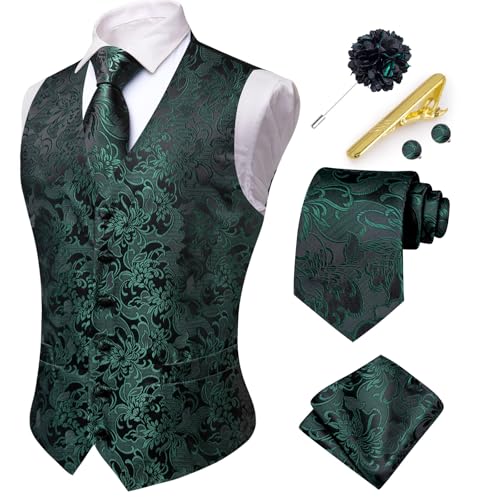 Hi-Tie Herren Anzugweste Seidenweste und Krawatte Set Paisley Weste Krawatte Einstecktuch Set für Hochzeit Smoking, Dunkelgrün, Medium von Hi-Tie