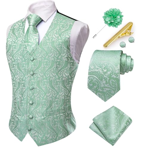 Hi-Tie Herren Anzugweste Seidenweste und Krawatte Set Paisley Weste Krawatte Einstecktuch Set für Hochzeit Smoking, Hellgrün, Medium von Hi-Tie