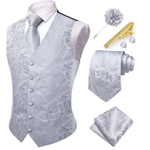 Hi-Tie Herren Anzugweste Seidenweste und Krawatte Set Paisley Weste Krawatte Einstecktuch Set für Hochzeit Smoking, silber, Large von Hi-Tie