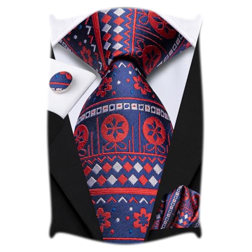 Hi-Tie Herren Blaue Designer Weihnachtskrawatte Set Gewebte Seidenkrawatte mit Einstecktuch Manschettenknöpfe für Formal Business von Hi-Tie