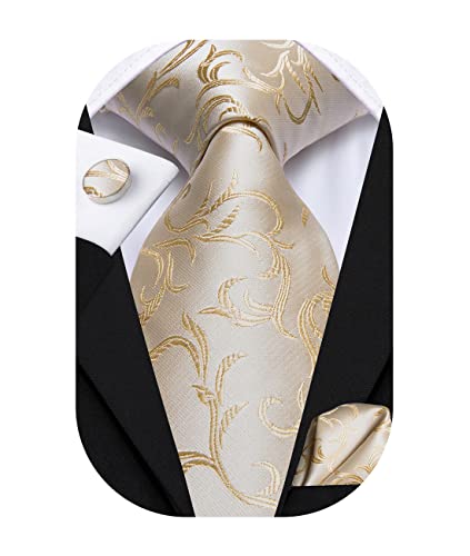Hi-Tie Herren Krawatte Schwarz Paisley/Plaid/Streifen/Einfarbig Krawatten Set Einstecktuch Manschettenknöpfe Business Formal Hochzeit Meeting Geschenkbox,Champagner Blume von Hi-Tie