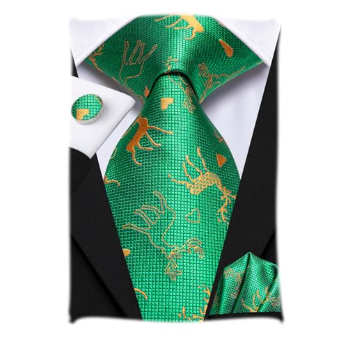 Hi-Tie Herren Grün Gold Rentier Weihnachten Krawatte und Einstecktuch Set gewebte Seidenkrawatte Manschettenknöpfe für Weihnachten Party von Hi-Tie