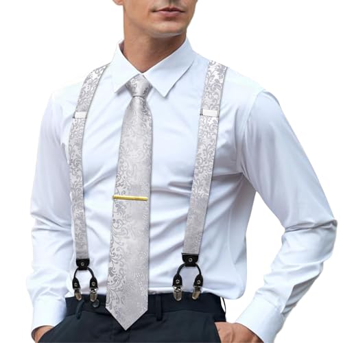 Hi-Tie Herren Hosenträger und Krawatte Set Verstellbare Y-Hosenträger und Einstecktuch Set Starke 6 Clips für Smoking Hochzeit Abschlussball, silber, M von Hi-Tie