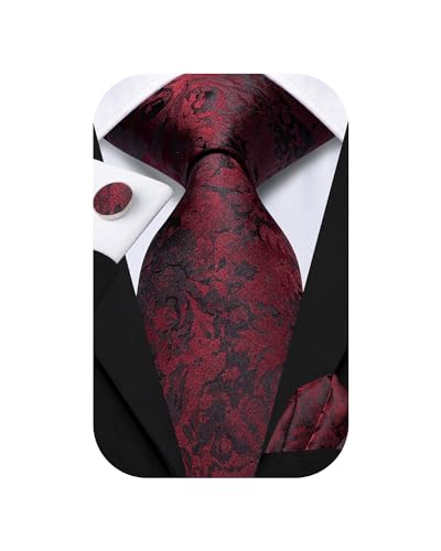 Hi-Tie Herren-Krawatte, Manschettenknöpfe, Taschentuch-Set aus Seide für große Männer, Dunkelrotes Blumenmuster, Medium von Hi-Tie