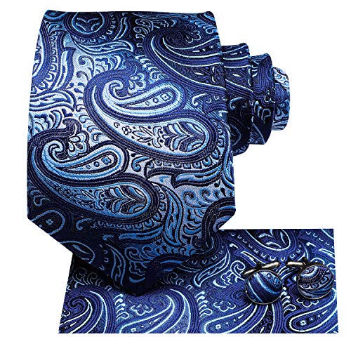 Hi-Tie Herren Krawatte Blau Paisley Formelle Krawatten Einstecktuch Manschettenknöpfe Smoking Hochzeitskrawatten von Hi-Tie