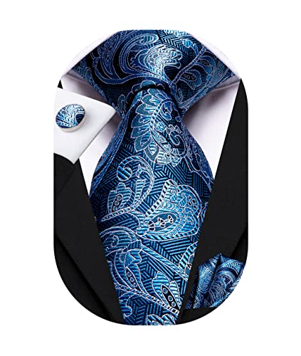 Hi-Tie Herren Krawatte Schwarz Paisley/Plaid/Streifen/Einfarbig Krawatten Set Einstecktuch Manschettenknöpfe Business Formal Hochzeit Meeting Geschenkbox,elegantes blaues Paisley von Hi-Tie