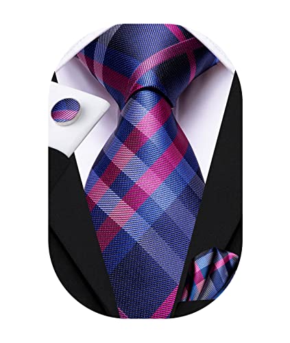 Hi-Tie Herren Krawatte Blau Rosa Kariert Krawatten Für Herren Taschentuch Manschettenknöpfe Krawatte Sets Für Herren Hochzeit Party Abschlussball von Hi-Tie