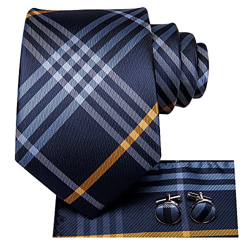 Hi-Tie Herren Krawatte Schwarz Paisley/Plaid/Streifen/Einfarbig Krawatten Set Einstecktuch Manschettenknöpfe Business Formal Hochzeit Meeting Geschenkbox,blau-weißes Paisley von Hi-Tie