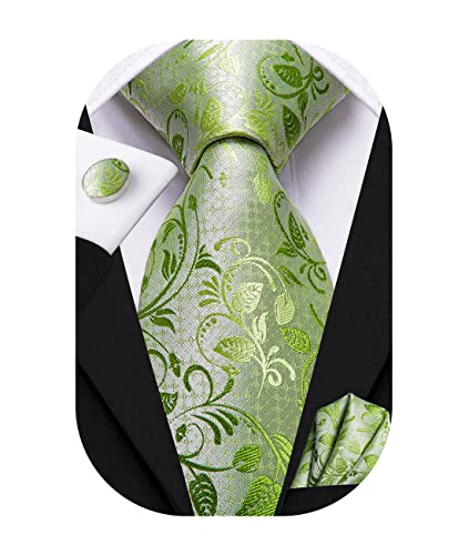 Hi-Tie Herren Krawatte Hellgrün Einstecktuch Manschettenknöpfe Prom Party Hochzeiten Business Grüne Blume Seidenkrawatten Set von Hi-Tie