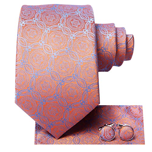 Hi-Tie Herren Krawatte Orange Blau Blume Krawatten Einstecktuch Manschettenknöpfe Hochzeit Party Formal von Hi-Tie