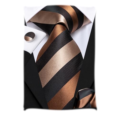 Hi-Tie Herren Krawatte Schwarz Paisley/Plaid/Streifen/Einfarbig Krawatten Set Einstecktuch Manschettenknöpfe Business Formal Hochzeit Meeting Geschenkbox,brauner schwarzer Streifen von Hi-Tie