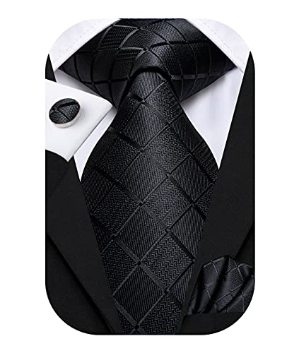 Hi-Tie Herren Krawatte Schwarz Paisley/Plaid/Streifen/Einfarbig Krawatten Set Einstecktuch Manschettenknöpfe Business Formal Hochzeit Meeting Geschenkbox,schwarzes Plaid von Hi-Tie