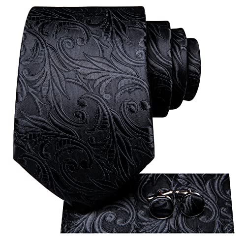 Hi-Tie Herren Krawatte Schwarze Blume Seidenkrawatte Set Einstecktuch Manschettenknöpfe Gewebte Seidenkrawatten für Beerdigung Business Formal von Hi-Tie