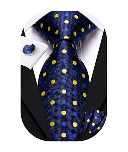 Hi-Tie Herren Krawatte Set Blau Gelb Gepunktet Krawatten für Hochzeit Gewebte Seide Einstecktuch Manschettenknöpfe Set Business Formal Party von Hi-Tie