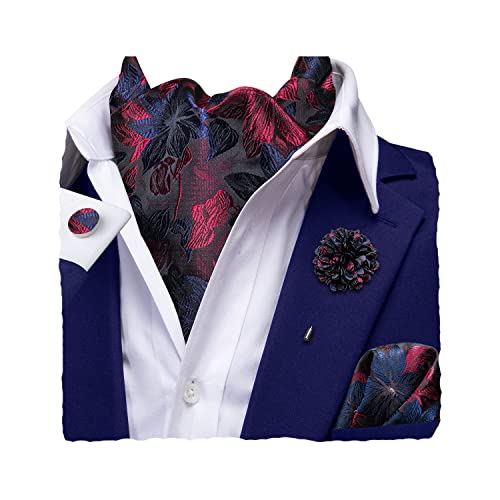 Hi-Tie Seide, Ascot für Herren, Krawatte und Blume, Anstecknadel, Taschentuch, Manschettenknöpfe, Set für Hochzeit, Party, Marineblau und Rot, Medium von Hi-Tie