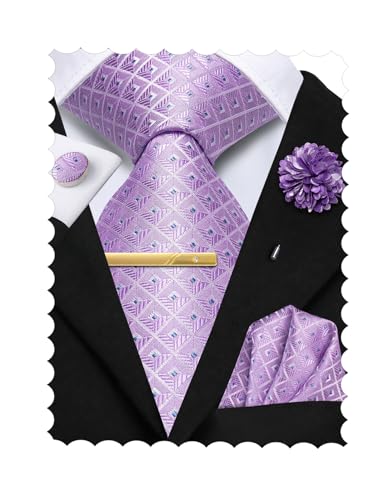 Hi-Tie Krawatten für Herren, Seide, Krawatten und Einstecktuch, Manschettenknöpfe, Anstecknadel, Clip, Krawatten-Set, Krawatte für Hochzeit, Lila von Hi-Tie