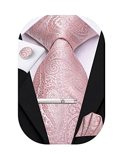 Hi-Tie Herren-Krawatten-Set aus Seide mit Clip-Anstecknadel, Rot, Blau, Schwarz, Gold, Rosa, Violett, einfarbig, Paisleymuster, gestreift, 4 Stück, Blassrosa Paisleymuster, M von Hi-Tie