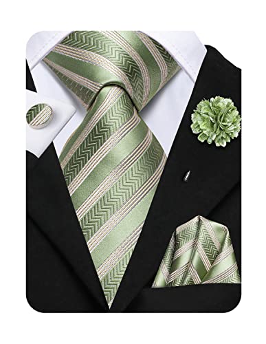 Hi-Tie Herren-Krawatten-Set, Seide, gestreift, gewebt, Krawatte mit Anstecknadel, Einstecktuch, Manschettenknöpfe, Set für Hochzeit, Party, Ein Salbeigrün, Medium von Hi-Tie