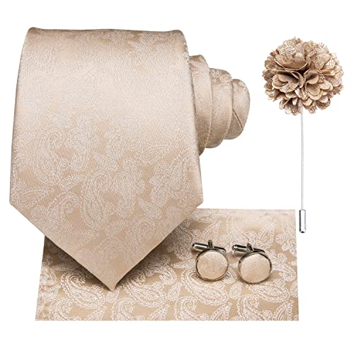 Hi-Tie Seidenkrawatte und Einstecktuch Manschettenknöpfe Reversnadel Set Jacquard Hochzeit Business Krawatte für formelle Anlässe, champagnerfarben, M von Hi-Tie