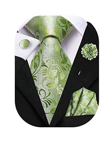 Hi-Tie Seidenkrawatte und Einstecktuch Manschettenknöpfe Reversnadel Set Jacquard Hochzeit Business Krawatte für formelle Anlässe, lichtgrün, M von Hi-Tie