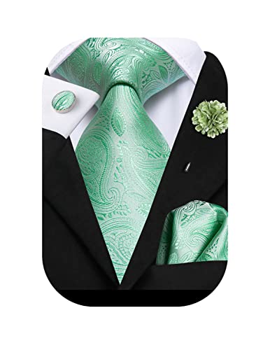 Hi-Tie Seidenkrawatte und Einstecktuch Manschettenknöpfe Reversnadel Set Jacquard Hochzeit Business Krawatte für formelle Anlässe, mintgrün, M von Hi-Tie