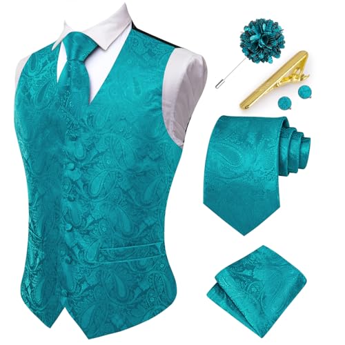 Hi-Tie Herren-Anzugweste und Krawatte, V-Ausschnitt, Seide, Paisleymuster, formelle Weste, Krawatte, Einstecktuch, Set für Hochzeit, Blaugrün, XX-Large von Hi-Tie
