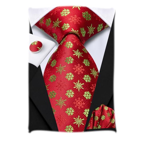Hi-Tie Herren Rot Schneeflocke Krawatte Sets Seide Chirstmas Krawatte und Einstecktuch Manschettenknöpfe Sets für Party Hochzeit von Hi-Tie