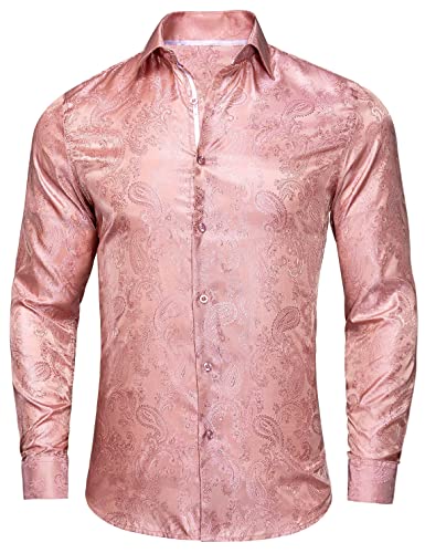 Hi-Tie Herren Seide Paisley Solid 4-Wege Stretch Kleid Shirts Faltenfrei Langarm Casual Button Down Shirt S-3XL, Paisleymuster aus Seide, Altrosa, S von Hi-Tie