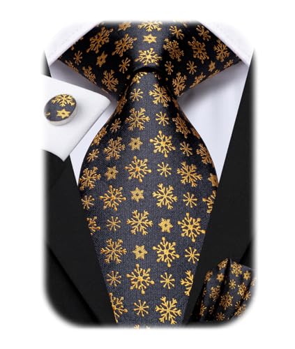 Hi-Tie Herren Weihnachtskrawatte Set Krawatte Einstecktuch Manschettenknöpfe Set Match Rentier Schneeflocke Xmas Baum Muster für Hochzeit Prom,Schwarzgoldene Schneeflocke von Hi-Tie