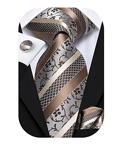 Hi-Tie Herren Krawatte Schwarz Paisley/Plaid/Streifen/Einfarbig Krawatten Set Einstecktuch Manschettenknöpfe Business Formal Hochzeit Meeting Geschenkbox,Champagner streifen von Hi-Tie