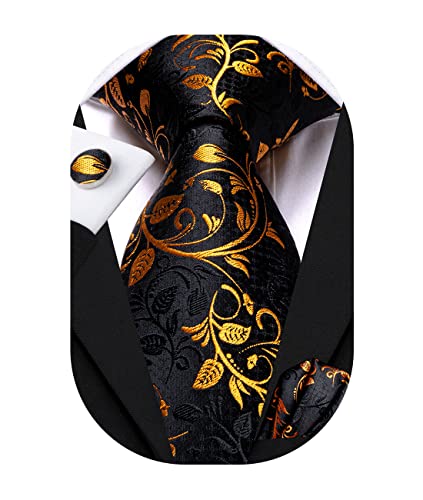 Hi-Tie Herrenkrawatte Orange Gold Blume Seidenkrawatte Set Einstecktuch Manschettenknöpfe Schwarze Krawatte für Business Formal Hochzeit von Hi-Tie