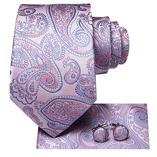 Hi-Tie Herrenkrawatte Rosa Blau Paisley Krawatte Set Gewebte Seide Einstecktuch Manschettenknöpfe Hochzeit Party von Hi-Tie