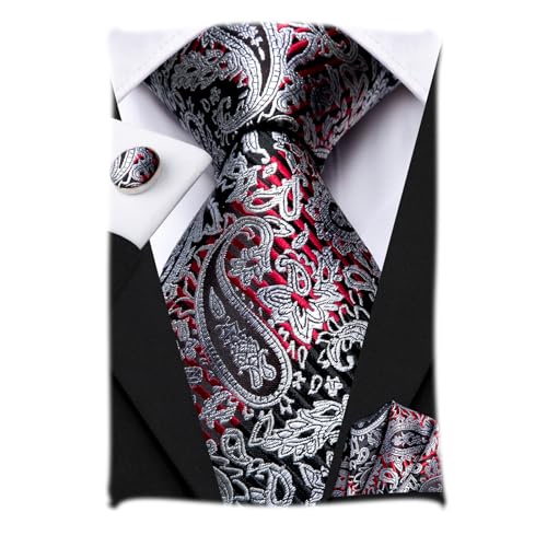 Hi-Tie Herren Krawatte Schwarz Paisley/Plaid/Streifen/Einfarbig Krawatten Set Einstecktuch Manschettenknöpfe Business Formal Hochzeit Meeting Geschenkbox,rotes silbernes Paisley von Hi-Tie