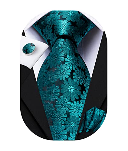 Hi-Tie Herren Krawatte Schwarz Paisley/Plaid/Streifen/Einfarbig Krawatten Set Einstecktuch Manschettenknöpfe Business Formal Hochzeit Meeting Geschenkbox,blaugrünes kleines Gänseblümchen von Hi-Tie