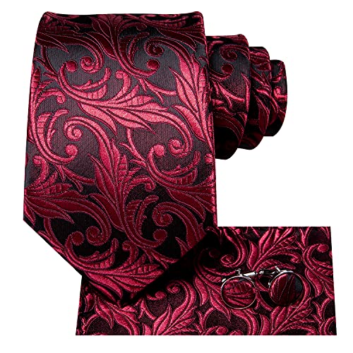 Hi-Tie Herrenkrawatte mit rotem Blumenmuster, schwarz, rot, Seidenkrawatte, Einstecktuch, Manschettenknöpfe, Hochzeit, formal von Hi-Tie