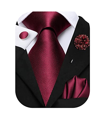 Hi-Tie Klassische Herren Krawatte Blume Revers Pin Set Seide gewebte Krawatte Einstecktuch Manschettenknöpfe Rot Rosa Gold Blau Hochzeit Krawatte, Burgunderrot massiv, M von Hi-Tie