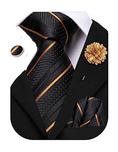 Hi-Tie Klassische Herren Krawatte Blume Revers Pin Set Seide gewebte Krawatte Einstecktuch Manschettenknöpfe Rot Rosa Gold Blau Hochzeit Krawatte, Schwarz Gold Streifen, M von Hi-Tie