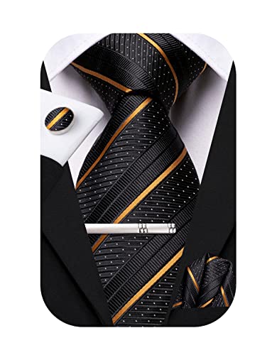 Hi-Tie Klassische Seidenkrawatten-Set für Herren, 4-teilig, Krawatte, Einstecktuch, Manschettenknöpfe, Klammernadel, solide Streifen, Paisleymuster, Schwarz Gold Streifen, M von Hi-Tie