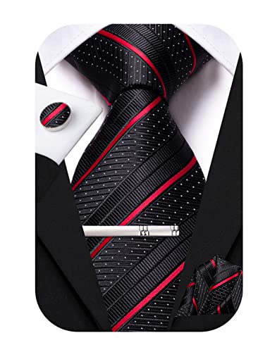 Hi-Tie Klassisches Herren-Seiden-Krawatten-Set, 4-teilig, quadratisch, Manschettenknöpfe, Clip-Pin, solide Streifen, Paisley-Krawatte, Schwarz Rot gestreift, M von Hi-Tie